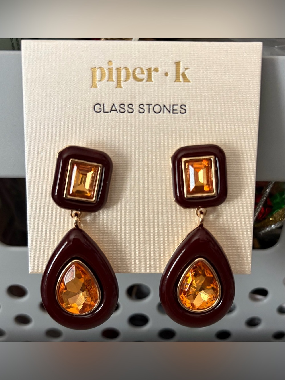 Piper K Gold and Deep Brown Teardrop Glass Stone Earrings